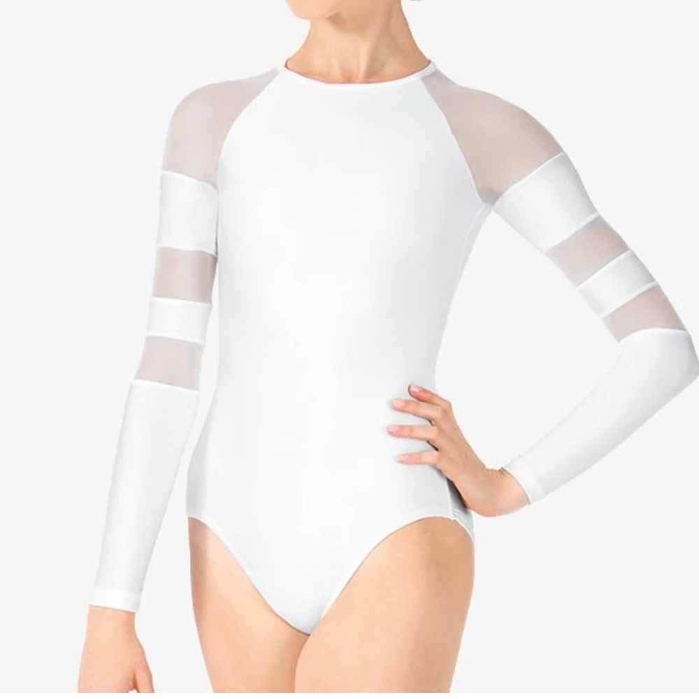 Women's White Long-Sleeve Mesh Inset Leotard